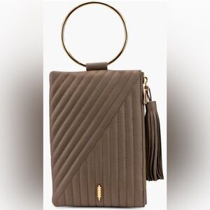 Thacker Nolita Gold Ring Handle Quilted Leather Taupe Clutch Wristlet Tassel Zip